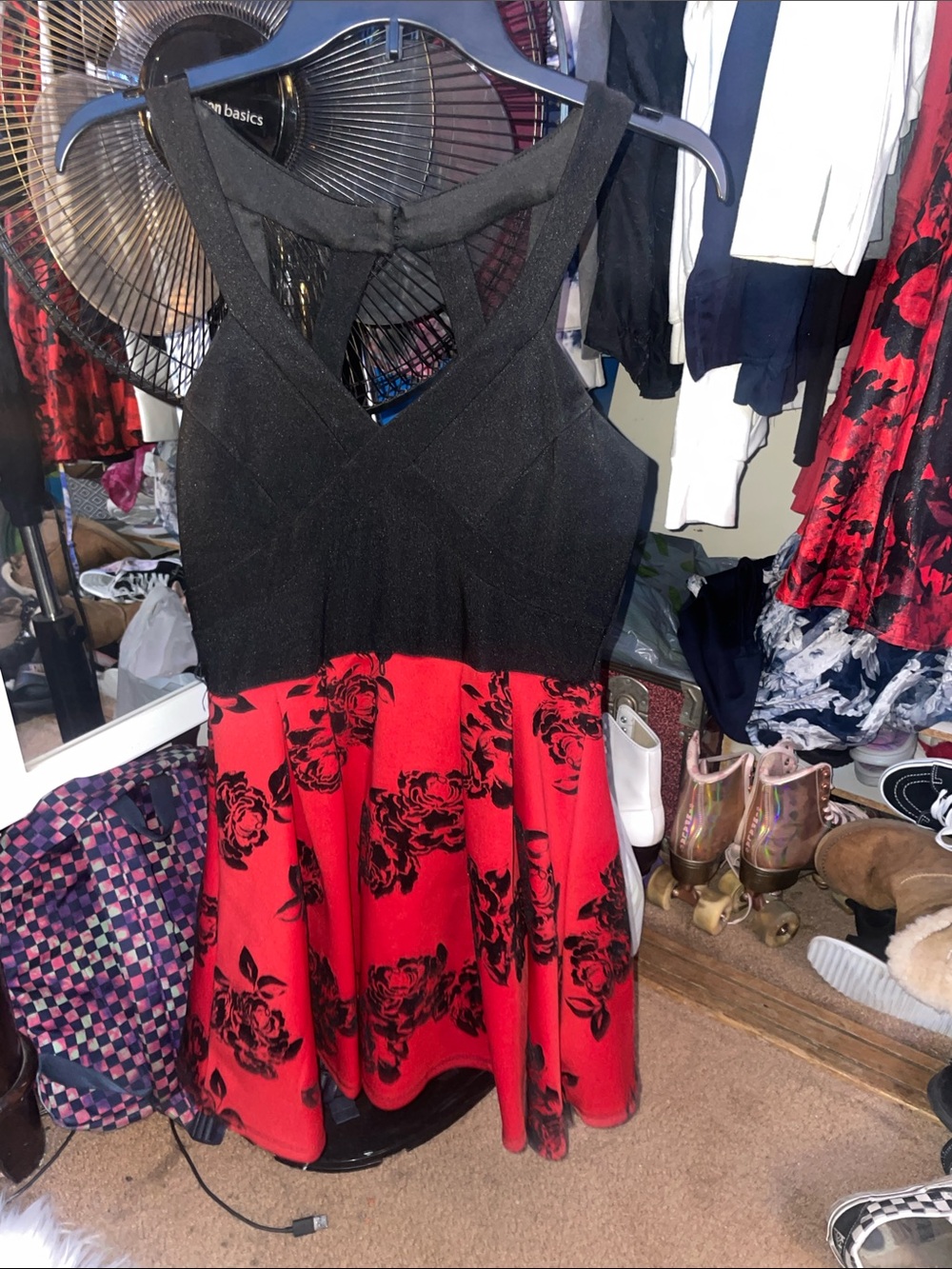 Crystal Doll Black & Red Floral Fit-and-Flare Dress